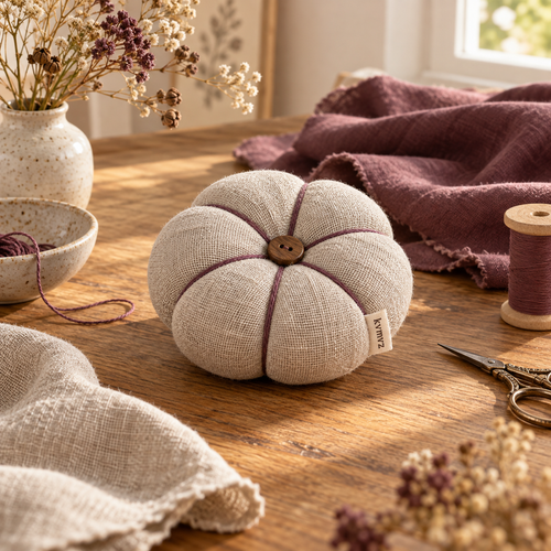 kvmvrz Linen Pumpkin Pincushion — lifestyle scene