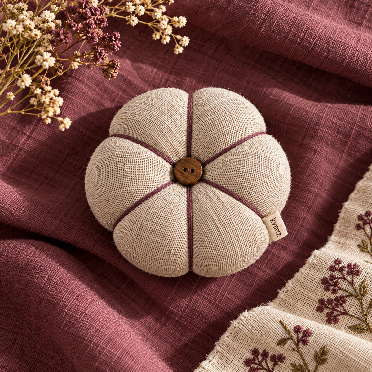 kvmvrz Linen Pumpkin Pincushion — alternate detail